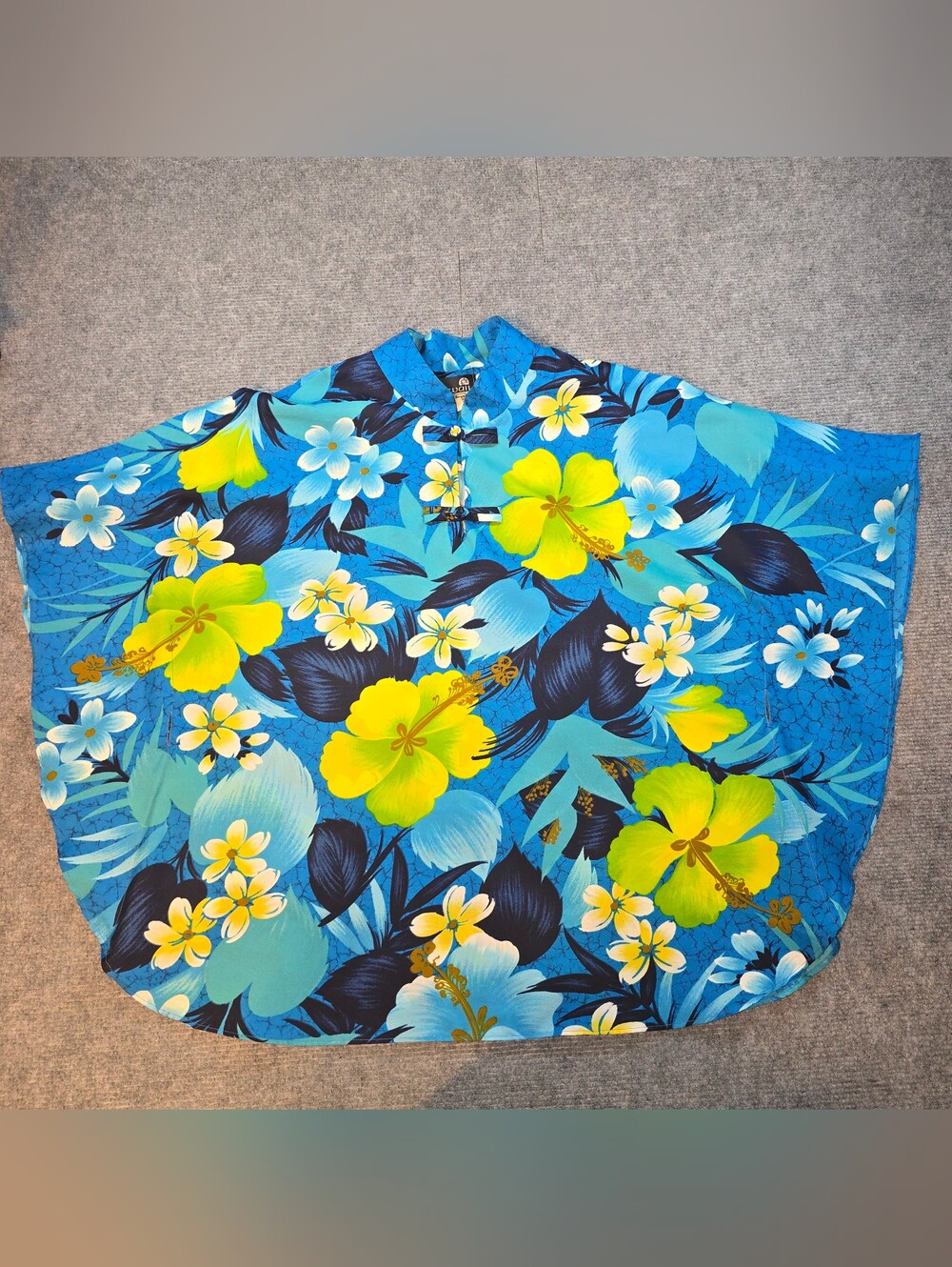 Vintage Hawaii Sears Tropical Hibiscus Floral Blouse Blue Hawaiian Aloha Top 60s
